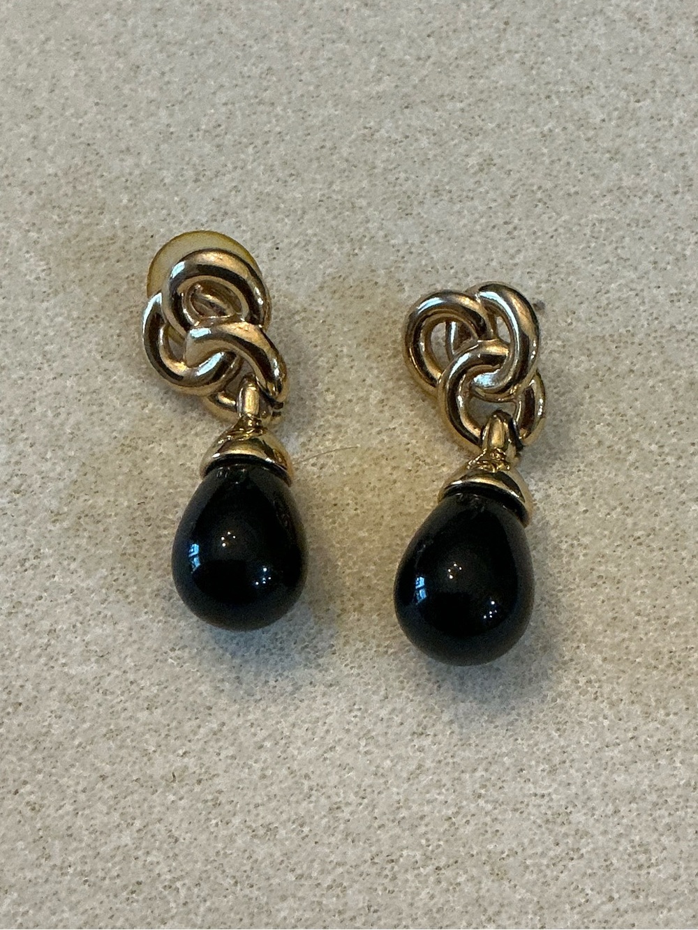Gold Knot Drop Earrings with Black Teardrop - Picture 1 of 1